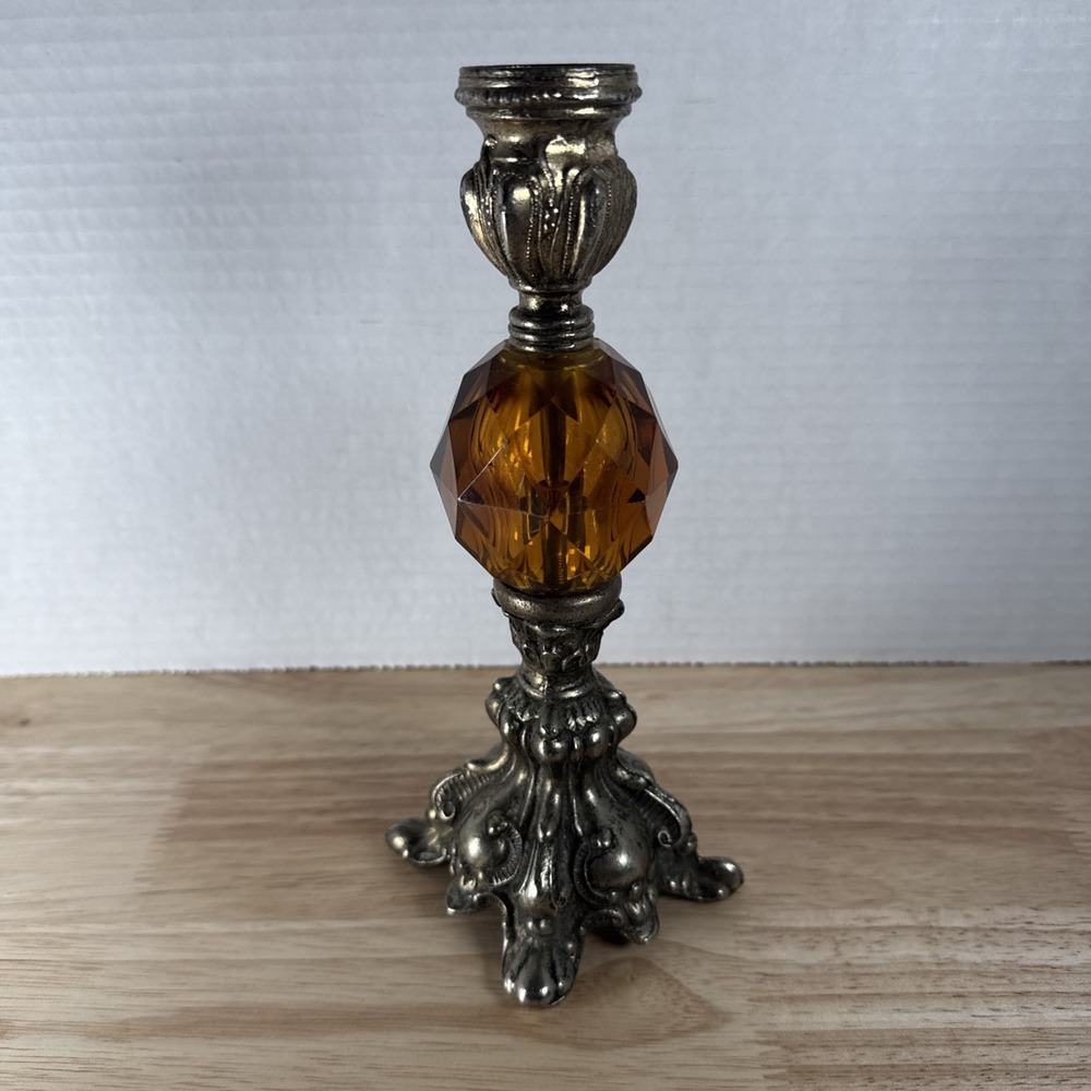 Vintage Candle Holder Brass and Amber Lucite Candlestick 8" - Picture 5 of 5